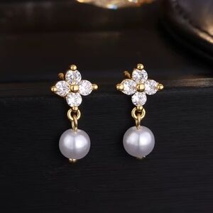 Gold and White Zircon Pearl Earrings